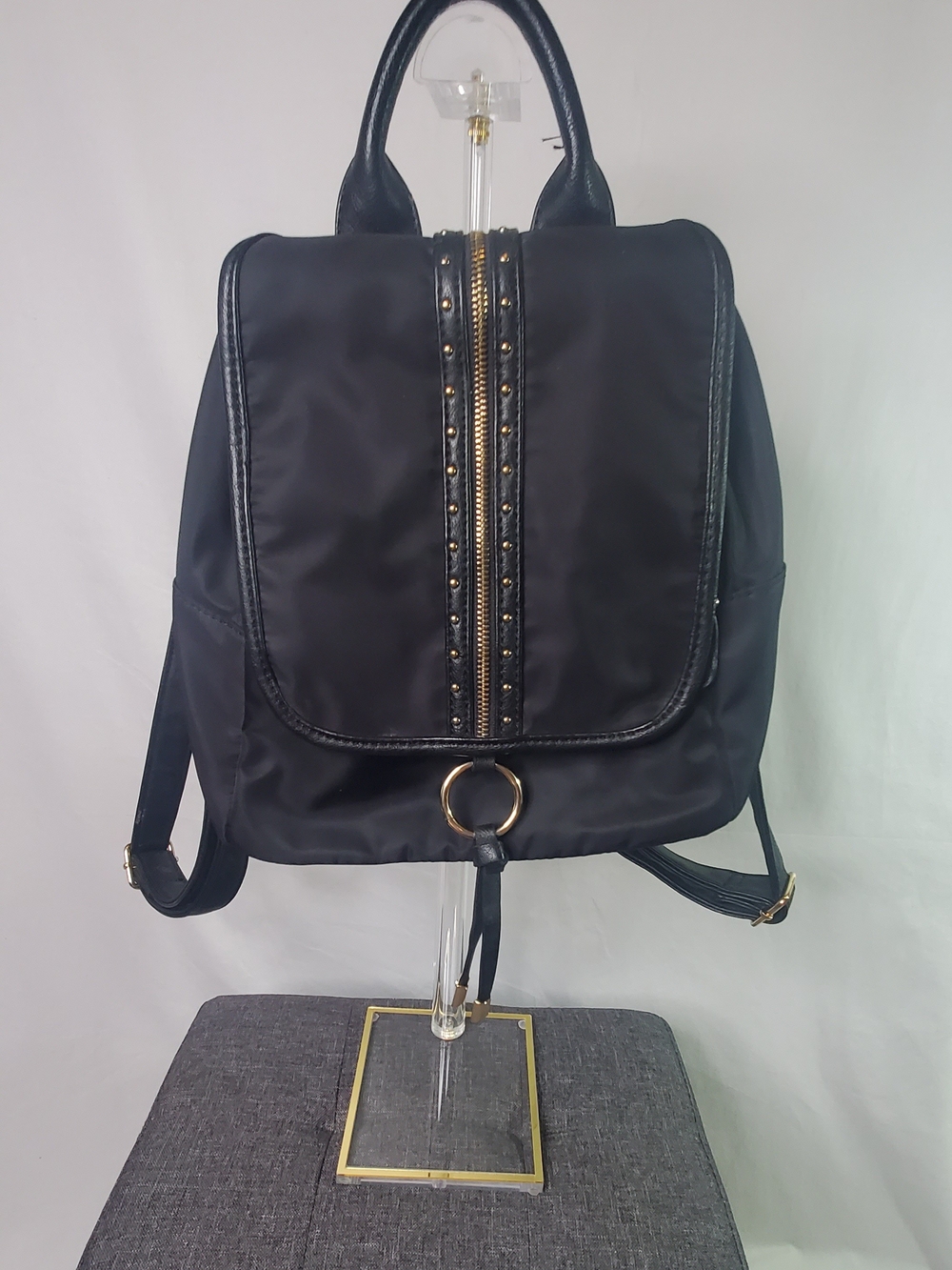Like Dreams Black Women's Stud-Trim Backpack with Gold Hardware